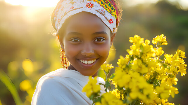 A young Ethiopian girl wearing white traditional clothes with bright embroidery, holding a bunch of yellow meskel flowers and smiling brightly in the morning sunlight. AI generated images.