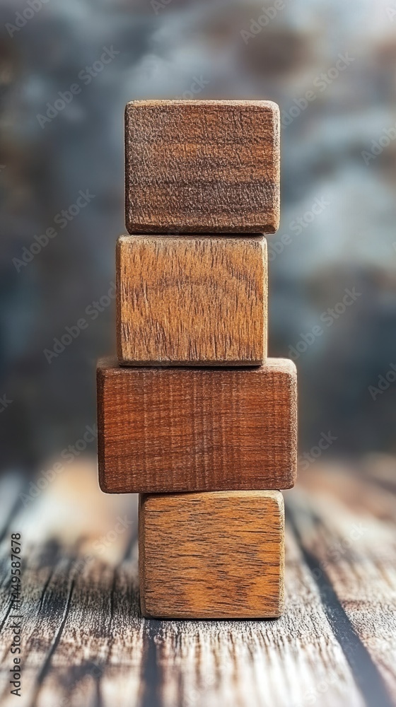 Poster stacked wooden blocks on rustic surface for creative play and educational concepts in childhood