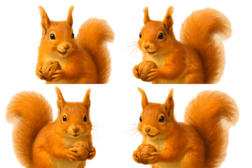 Four animated squirrels holding nuts, showcasing a playful and cheerful expression. Concept Animated Squirrels, Playful Expressions, Cheerful Characters, Nut Holding, Cute Animal Animation