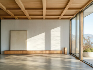 Modern minimalist interior with natural light and scenic view from large windows