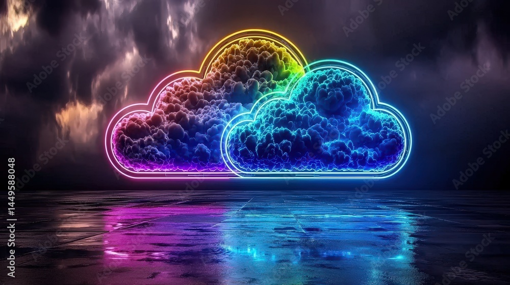 Poster striking cloud composed of neon lights creating a captivating visual experience in the night sky