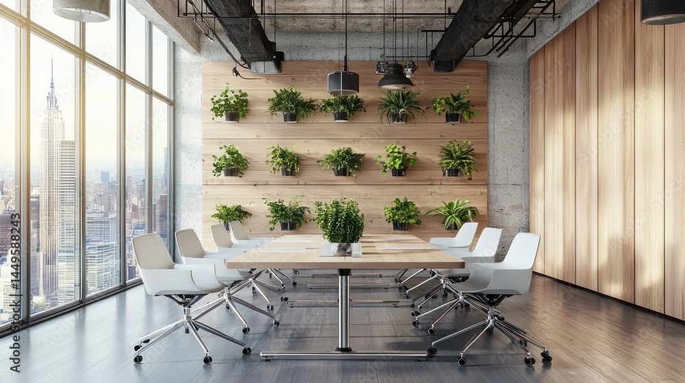 Poster a meeting space with floating plant holders adding natural elements