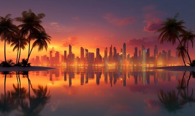 Tropical island sunset cityscape reflected in calm water, vibrant city skyline, perfect for travel posters, advertisements or social media