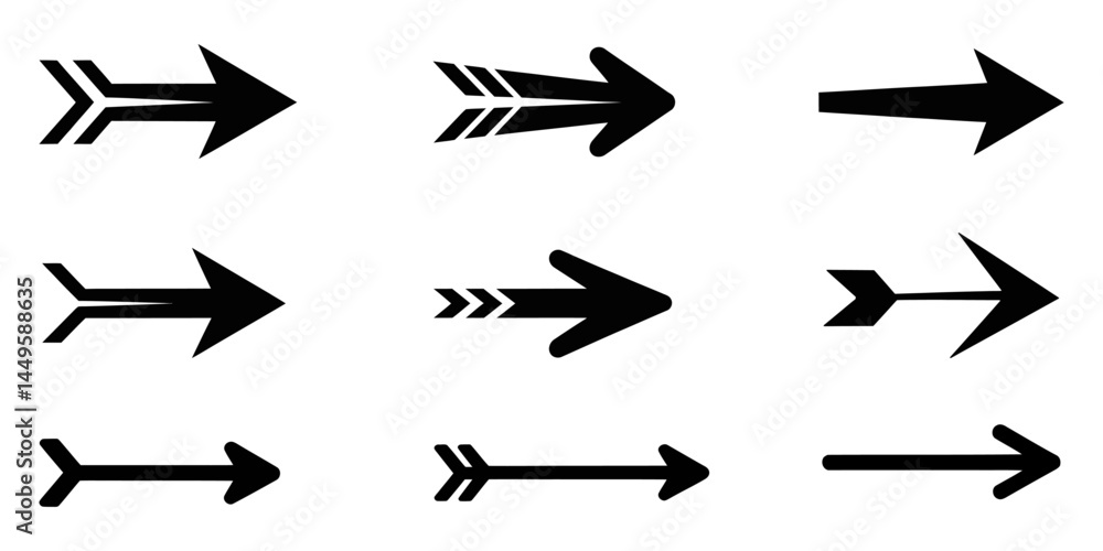 Poster arrow icon set, curve arrow icon vector set. set of black long curve arrow for app and ui design. lo