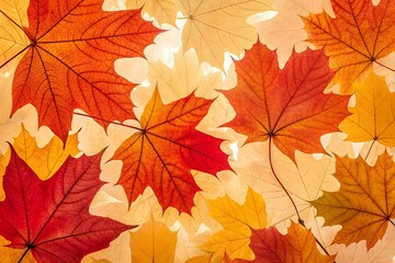 Close up of many colorful maple leaves in autumn season with bright background