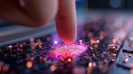 Cybersecurity balance concept. A finger activates a fingerprint scanner on a futuristic circuit board with glowing lights.