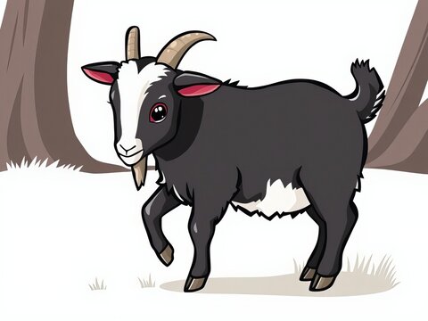 an image of a goat with horns standing in the snow, there is a goat that is standing in the snow
