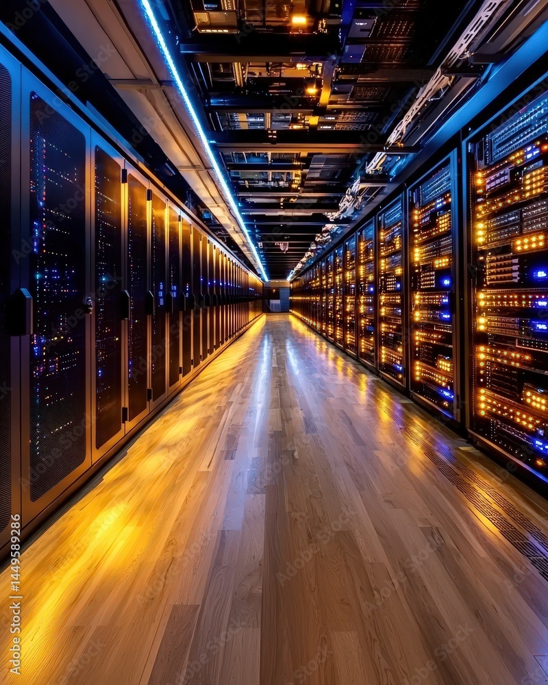 Poster high-tech server room with rows of servers and equipment ready for data processing and storage