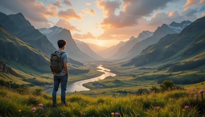 Fototapeta premium Adventurous Man Contemplating a Mountain Valley at Sunset