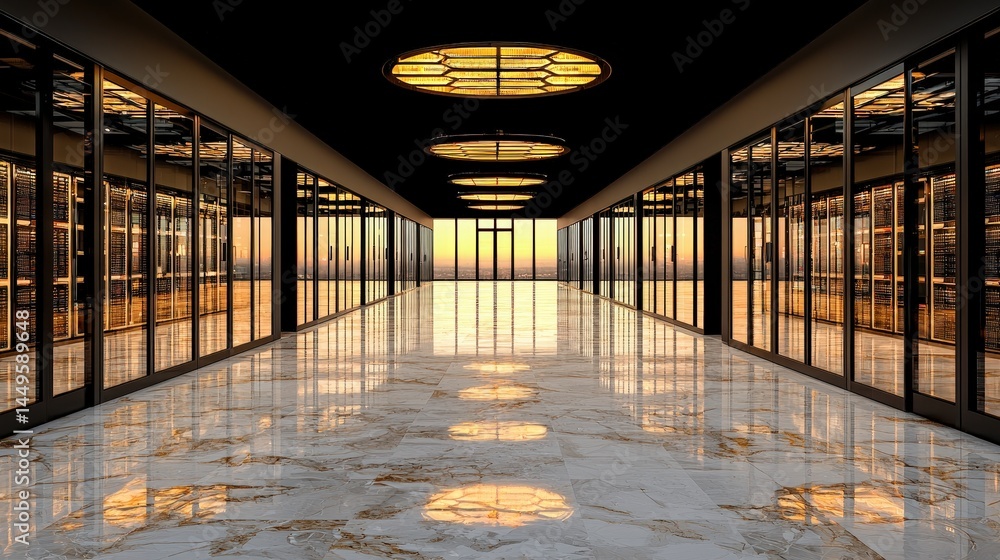 Poster long and serene hallway featuring an elegant clock illuminating with soft ambient light