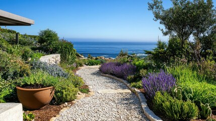 Coastal garden pathway with lavender and varied plantings overlooking the ocean.