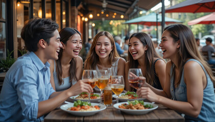 Happy Friends Enjoying Dinner Together in an Outdoor Restaurant, Laughing and Sharing Drinks Amidst a Cozy Evening Atmosphere
