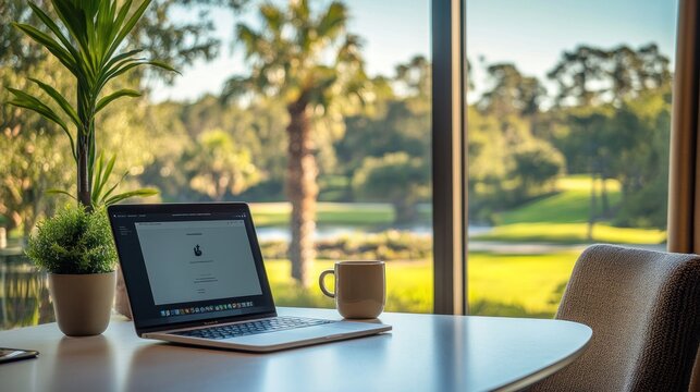 Laptop on table, golf course view, remote work