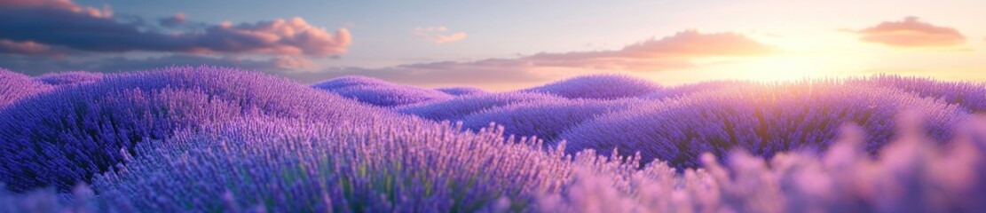 Fototapeta premium Lavender field sunset, scenic landscape. Peaceful nature background for travel brochure