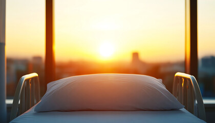 Hospital bed pillow sunrise window empty rehabilitation peaceful morning healthcare recovery. An empty hospital bed faces sunrise