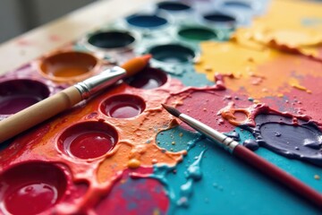 Obraz premium Vibrant Hues and Artistic Expression A Close-Up View of Paintbrushes Resting on a Palette with a Colorful, Textured Surface of Mixed Paints