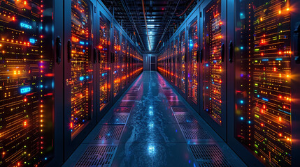 Fototapeta premium Futuristic Network Nexus: Vibrant Array of Data Servers and Colorful Wires