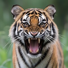 Fototapeta premium Majestic tiger stalking through the lush green jungle environment captured in stunning detail