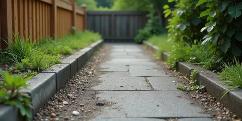 A Serene Garden Path  Stone Walkway Between Lush Greenery and Wooden Fencing