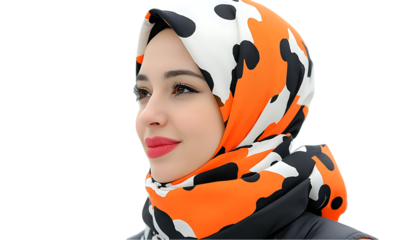 Portrait of a Young Woman in a Stylish Orange and Black Headscarf