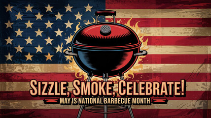 Flaming Barbecue Grill On Starry American Flag Background Promoting National Barbecue Month Celebration In Bold Text For May