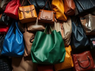 an image of a pile of bags and purses on a table, there is a lot of bags that are all different colors