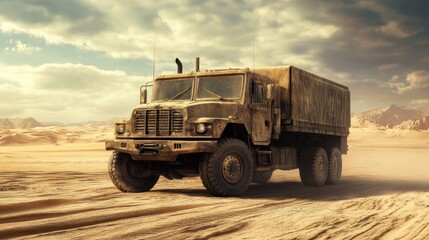 Fototapeta premium Desert Transporter: A Heavily Equipped Military Truck Navigating Arid Terrain