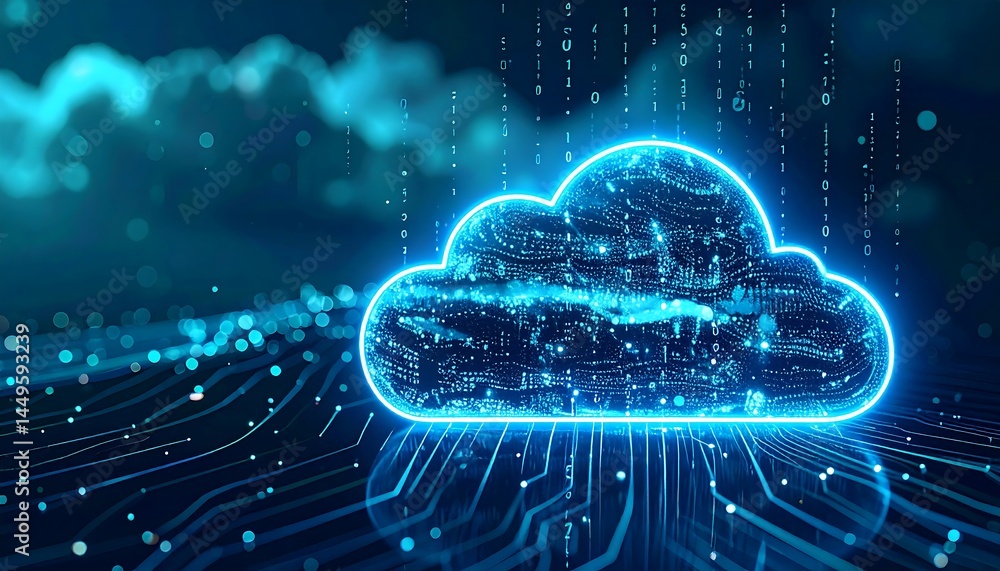 Poster glowing cloud computing network digital data storage server technology