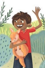 Australian indigenous boy holding a little kangaroo 