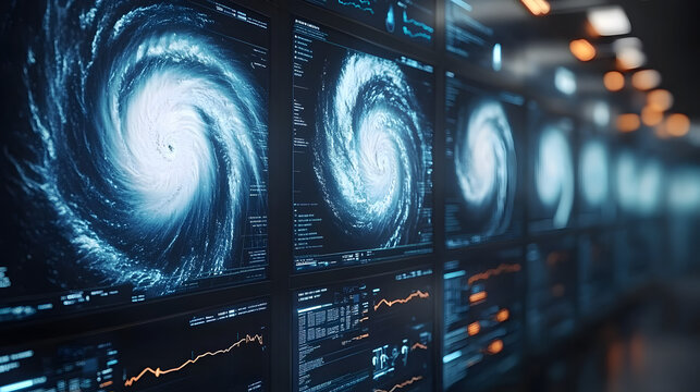 A series of screens displaying satellite images of a powerful hurricane, showcasing weather data and storm patterns.