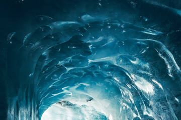 Tourist discovery of the glacier and the ice of the Mer de Glace in Montenvers and Chamonix, Mont Blanc in Haute-Savoie, France