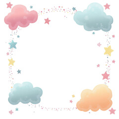 pastel clouds and stars frame, isolated on white background.