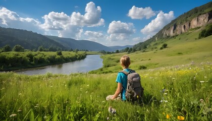 Fototapeta premium Woman Hiking, Scenic River Valley, Peaceful Moment