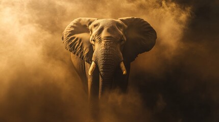 Fototapeta premium Majestic elephant emerges from dust cloud, African savanna background, wildlife photography
