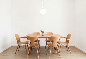 an image of a dining table with six chairs and a vase of flowers, there is a table with chairs and a vase on it