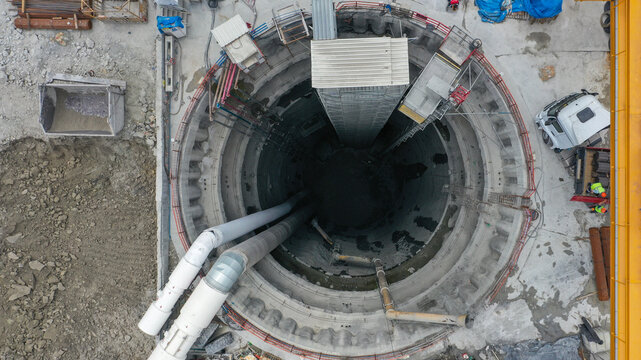 Bird's Eye View of Construction Site Circular Excavation Shaft