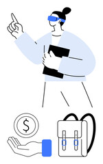 Woman with virtual glasses holding tablet and pointing forward. Hand offering money and a backpack. Ideal for finance, e-learning, futurism, digital innovation, business, remote work, simple landing