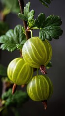 Cranberries and Gooseberries Month. Close-up of ripe green gooseberries on branch with leaves in natural setting