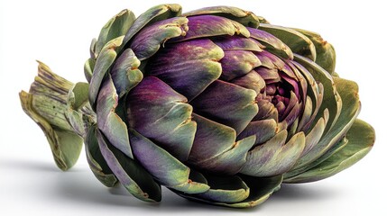Fototapeta premium Artichoke and Asparagus Month. Close-up of fresh raw purple artichoke on white background
