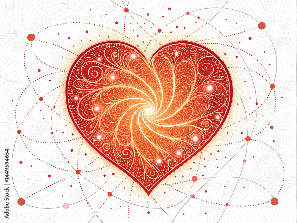 Poster ornate red heart design with swirling pattern and connecting lines