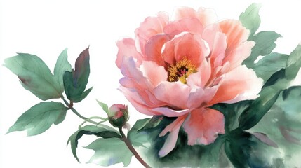 Delicate watercolor pink peony with lush green leaves on white background