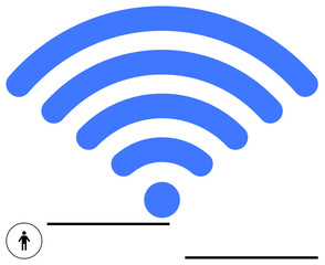 Large blue wireless signal icon with a small human figure at its base, illustrating connection, communication, technology reliance, digital access, global reach, networks, and innovation. Ideal