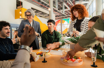 Team bonding over lunch in a modern workspace