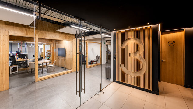 Modern office space with meeting rooms and glass walls