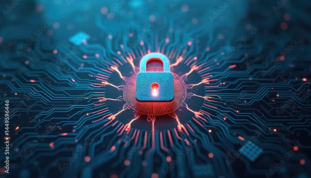 Poster glowing lock symbol on tech background with precise patterns. image represents encrypted codes, data