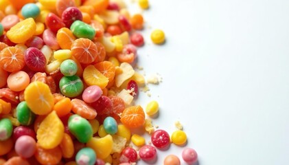 Pile of colorful candy, chips, and soda on white , colorful food, junk food, greasy