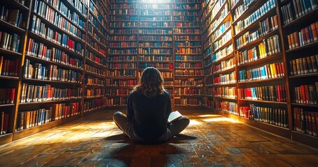Serene Reader in a Vintage Library Surrounded by Tall Bookshelves and Soft Light
