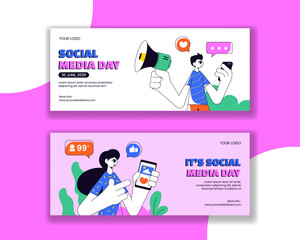 Flat Style Social Media Day Horizontal Banner in Cartoon Hand Drawn Design