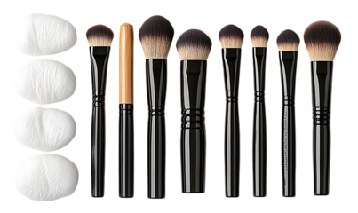 Professional Makeup Brush Set with White Sponges on Transparent Background