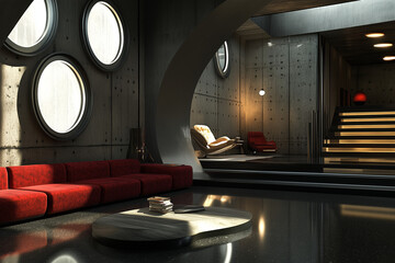 Sleek modern living room design Red sofa circular windows concrete walls warm lighting and a minimalist coffee table